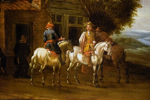 Personnages et chevaliers dans la cour de la taverne.